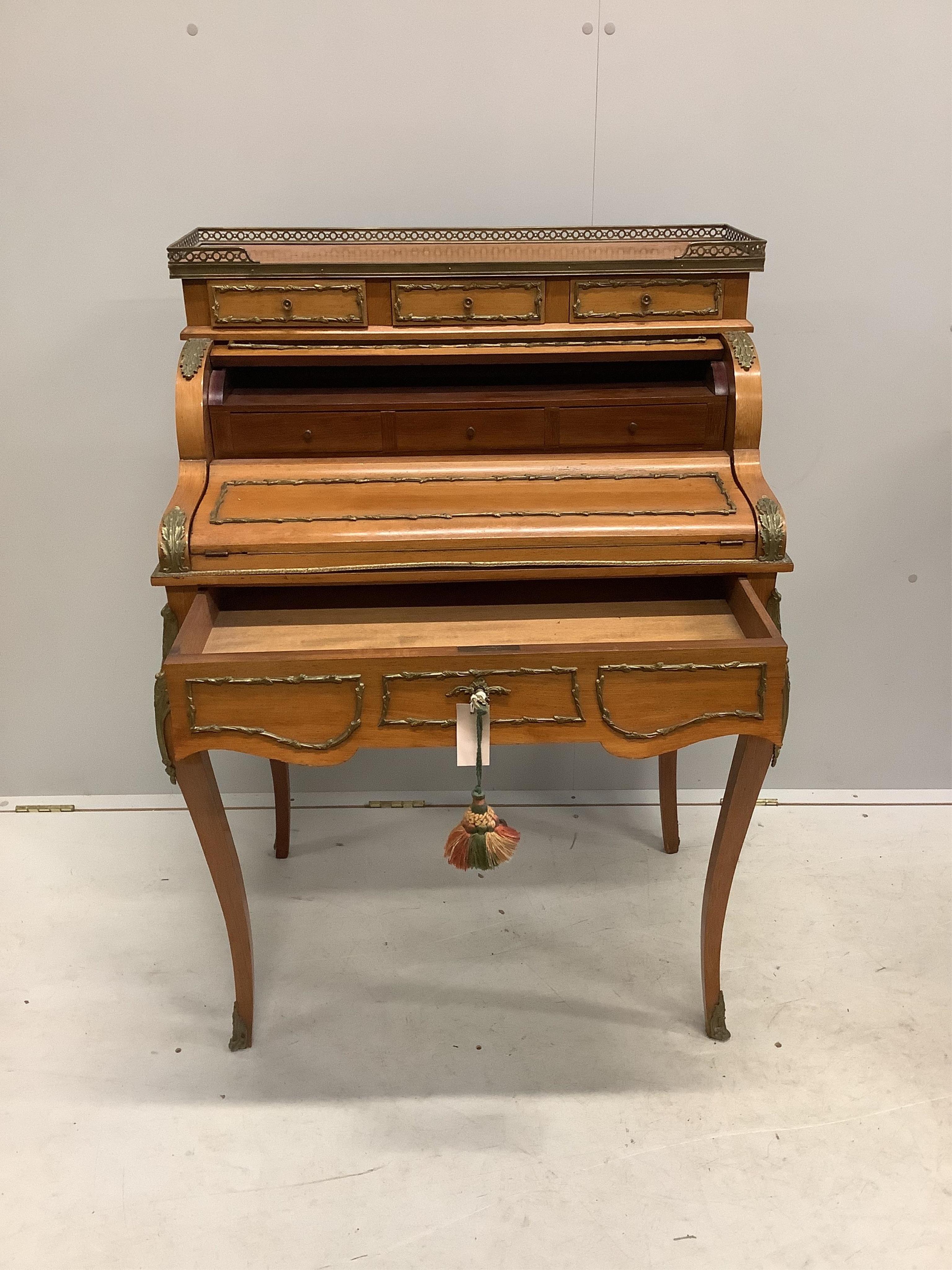 A reproduction Vernis Martin style gilt metal mounted mahogany bonheur du jour, width 76cm, depth 53cm, height 108cm. Condition - fair to good